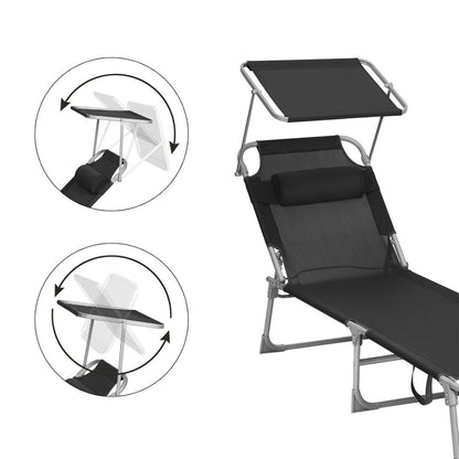 Signature Home Zonneligbed Zwart met Hoofdsteun en Zonnedak – Opvouwbare Ligstoel, Verstelbaar & Comfortabel voor Tuin, Strand en Camping