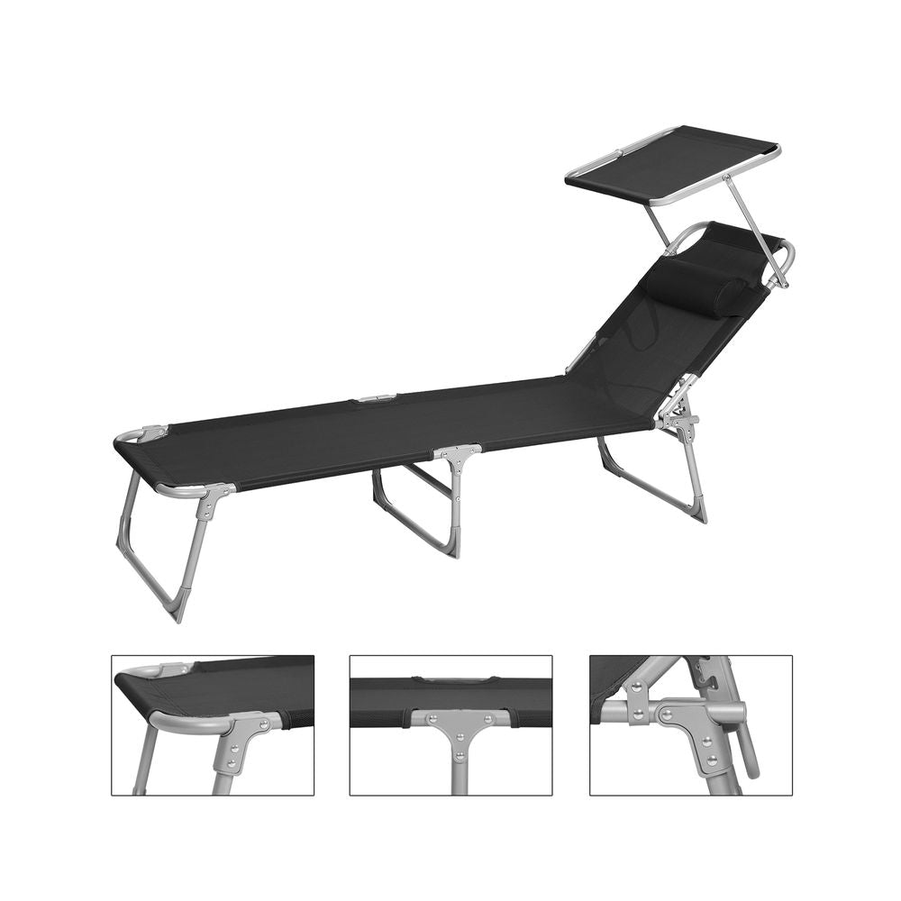 Signature Home Zonneligbed Zwart met Hoofdsteun en Zonnedak – Opvouwbare Ligstoel, Verstelbaar & Comfortabel voor Tuin, Strand en Camping