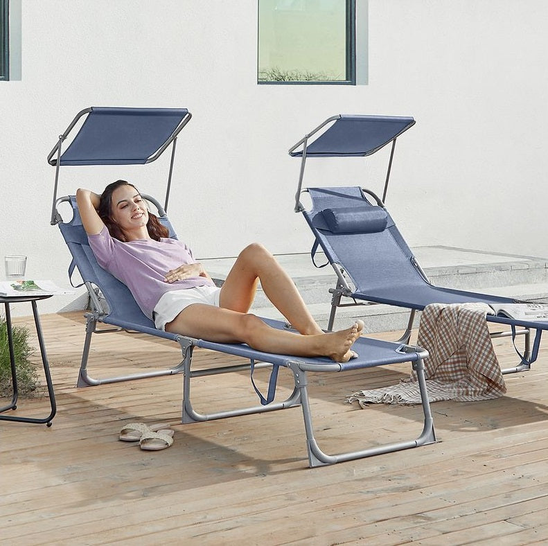 Signature Home Opvouwbare Ligstoel met Zonnedak – Blauwe Zonneligbed, Verstelbaar & Comfortabel, Ideaal voor Tuin, Strand en Camping