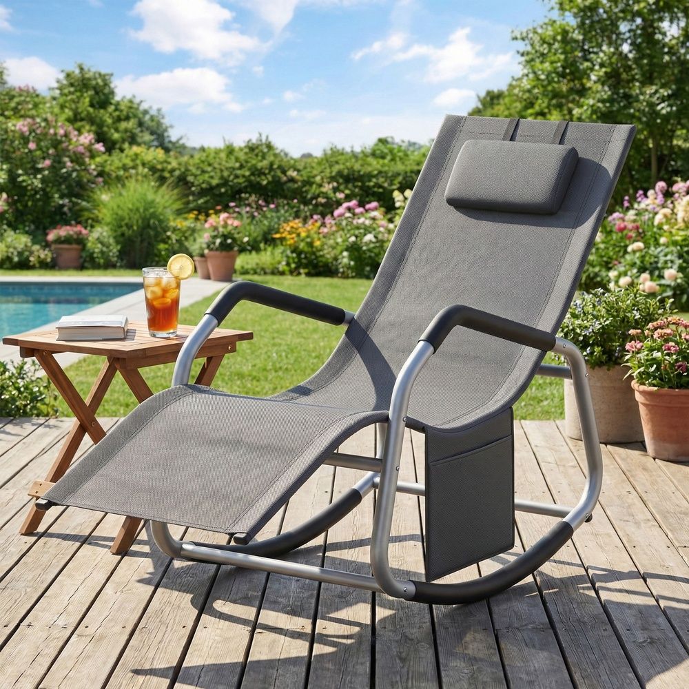 Signatue Home Relax Ligstoel met Verstelbare Hoofdsteun – Schommelstoel met Stalen Frame, Comfortabele Tuinstoel voor Binnen en Buiten