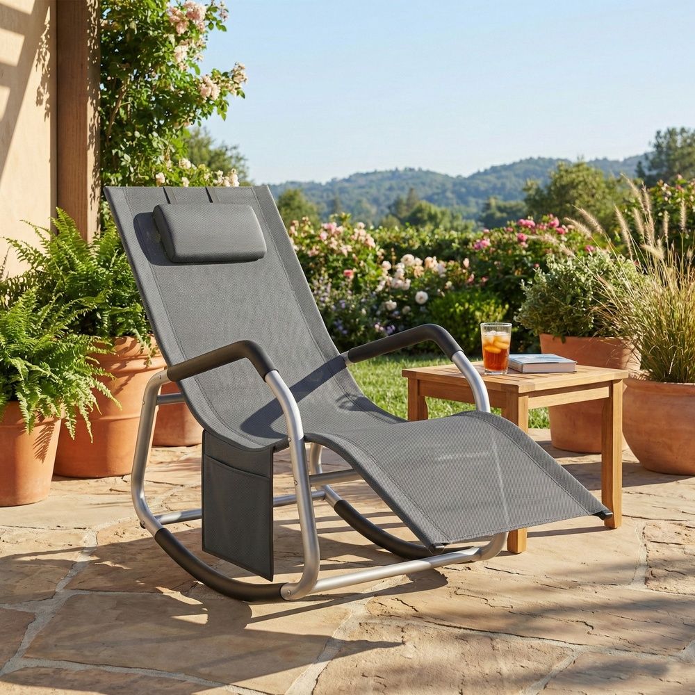 Signatue Home Relax Ligstoel met Verstelbare Hoofdsteun – Schommelstoel met Stalen Frame, Comfortabele Tuinstoel voor Binnen en Buiten
