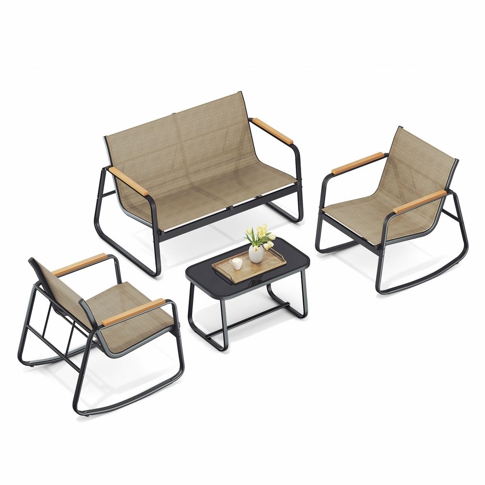 Signature Home Tuinmeubelset met 2 Schommelstoelen en Tafel – Geel-Bruin, Comfortabele Loungeset voor Tuin, Balkon en Terras