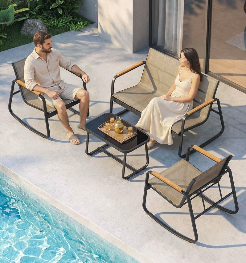 Signature Home Tuinmeubelset met 2 Schommelstoelen en Tafel – Geel-Bruin, Comfortabele Loungeset voor Tuin, Balkon en Terras