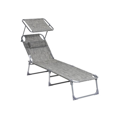 Signature Home Comfortabele Tuinligstoel met Hoofdsteun en Zonnescherm – Grijs Melange, Voor Zonnen en Relaxen