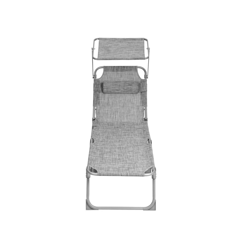 Signature Home Comfortabele Tuinligstoel met Hoofdsteun en Zonnescherm – Grijs Melange, Voor Zonnen en Relaxen