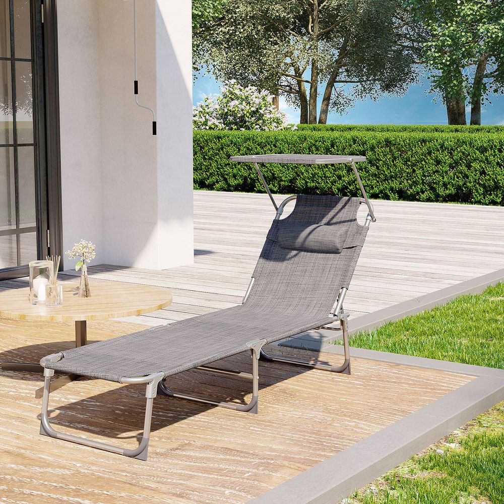 Signature Home Comfortabele Tuinligstoel met Hoofdsteun en Zonnescherm – Grijs Melange, Voor Zonnen en Relaxen