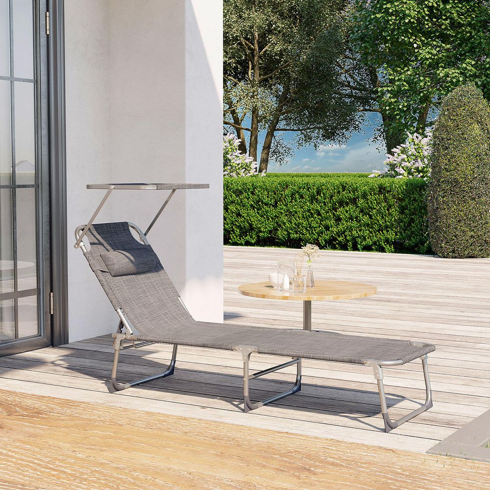 Signature Home Comfortabele Tuinligstoel met Hoofdsteun en Zonnescherm – Grijs Melange, Voor Zonnen en Relaxen