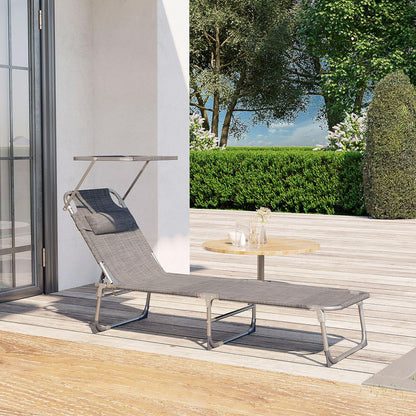 Signature Home Comfortabele Tuinligstoel met Hoofdsteun en Zonnescherm – Grijs Melange, Voor Zonnen en Relaxen