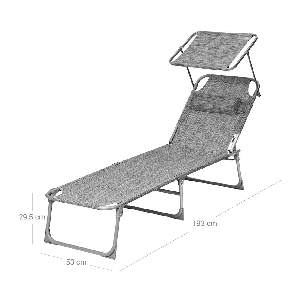 Signature Home Comfortabele Tuinligstoel met Hoofdsteun en Zonnescherm – Grijs Melange, Voor Zonnen en Relaxen