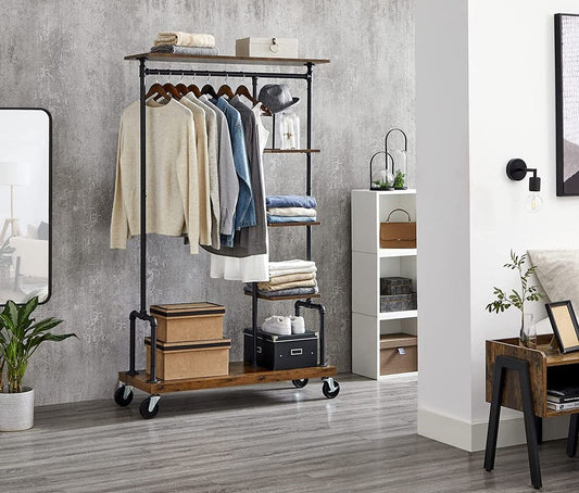 Signature Home Industriële Garderobekast – Kledingrek met Kledingstang en Draadplanken-Metalen KastMetalen Kast met Draadplanken