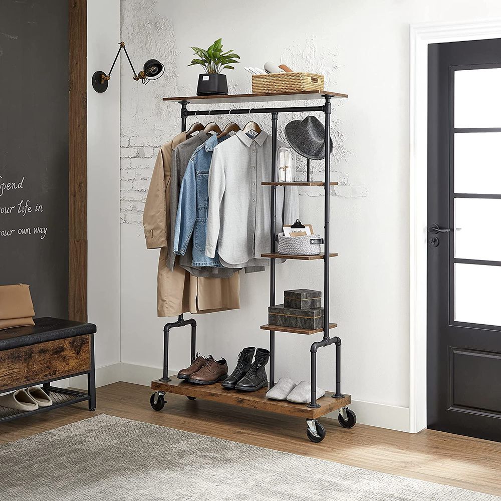 Signature Home Industriële Garderobekast – Kledingrek met Kledingstang en Draadplanken-Metalen KastMetalen Kast met Draadplanken