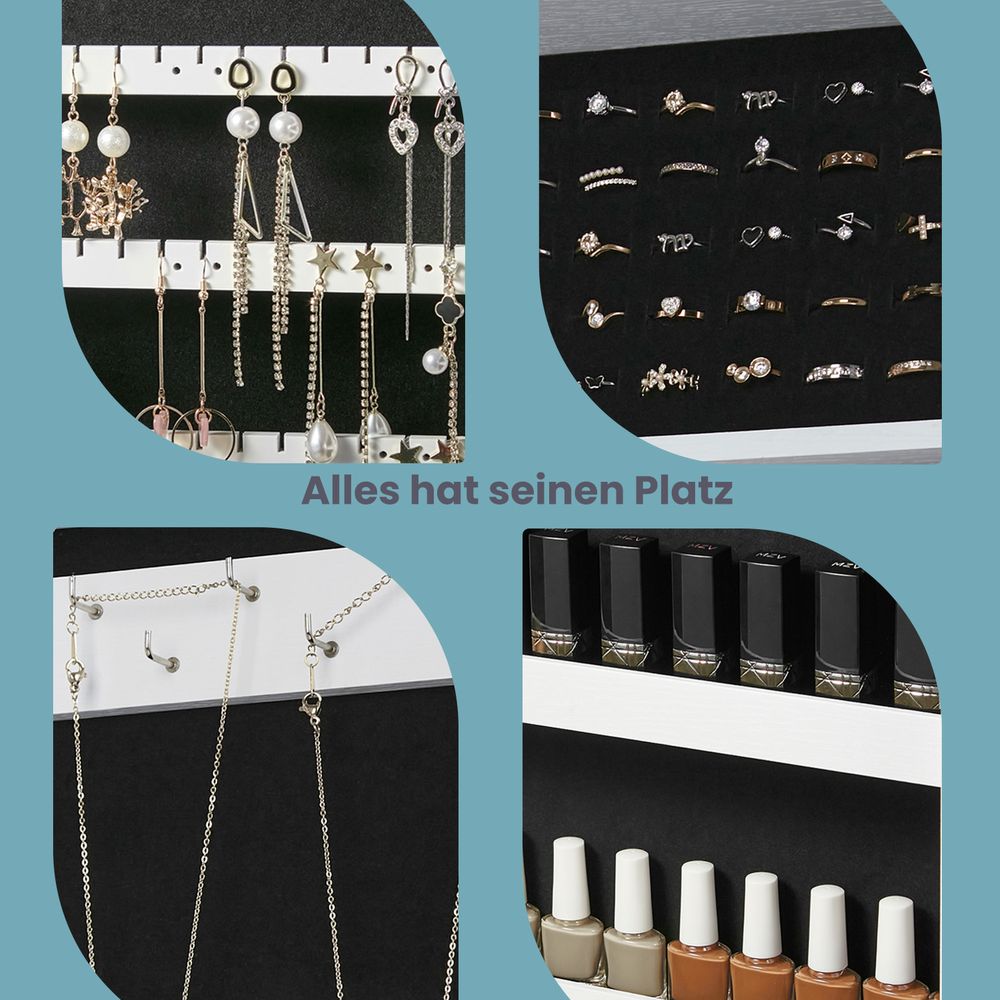 Pisa Luxe Wand Sieradenkast met Volledige Spiegel – Grote Jewelry Cabinet met Haakjes, Vakken & Organizer
