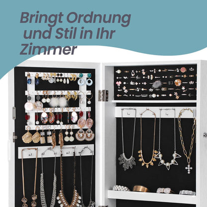 Pisa Luxe Wand Sieradenkast met Volledige Spiegel – Grote Jewelry Cabinet met Haakjes, Vakken & Organizer
