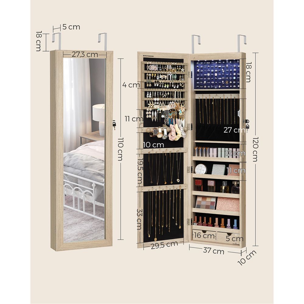 Lecce Stijlvolle Hangende Sieradenkast met Spiegeldeur-Multifunctionele Hangende-Sieradenkast voor aan de Wand of Deur