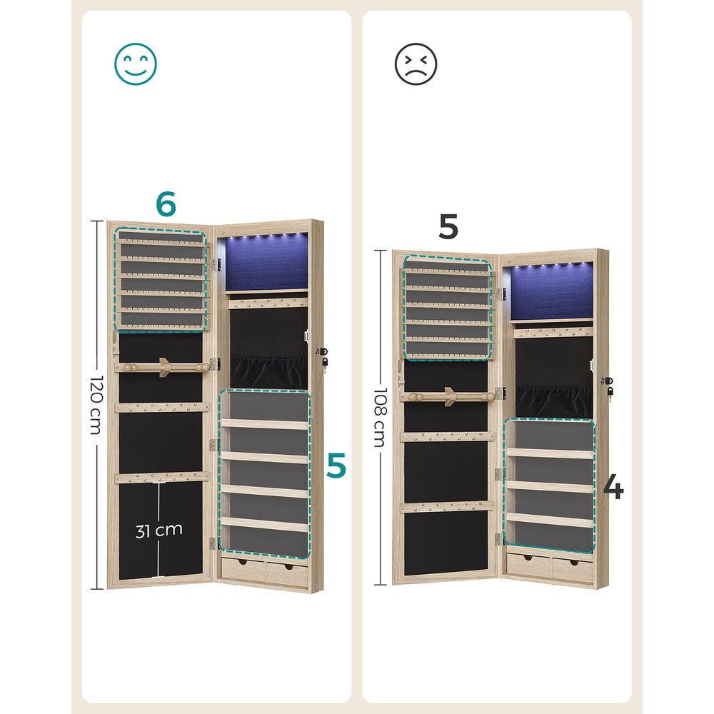 Lecce Stijlvolle Hangende Sieradenkast met Spiegeldeur-Multifunctionele Hangende-Sieradenkast voor aan de Wand of Deur