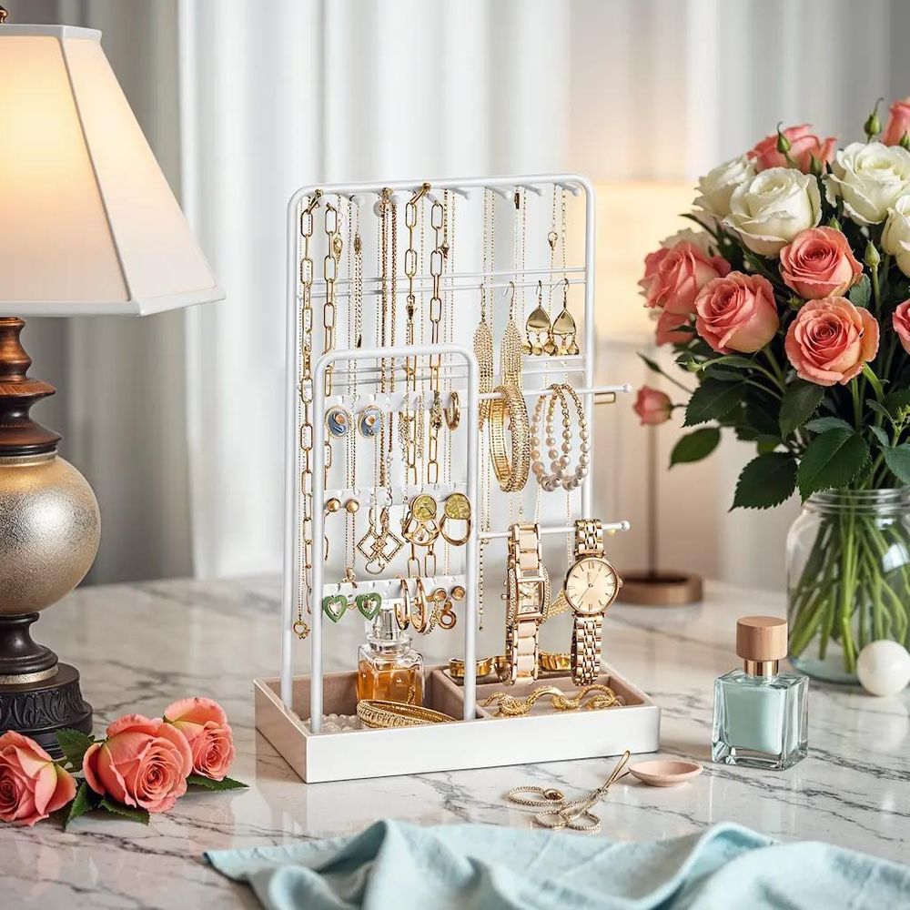 Verona Luxe Velvet Sieradenhouder – Stabiele Jewelry Stand met Fluwelen Opbergtray voor Ringen, Armbanden en Kettingen