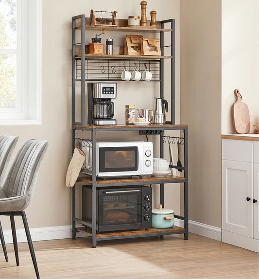 Vintage Keuken Wandplank met Stopcontacten & Rasterpaneel – Bruin-Zwart Industrieel Design|Multifunctionele Keukenplank met Stopcontacten & Metalen Grid