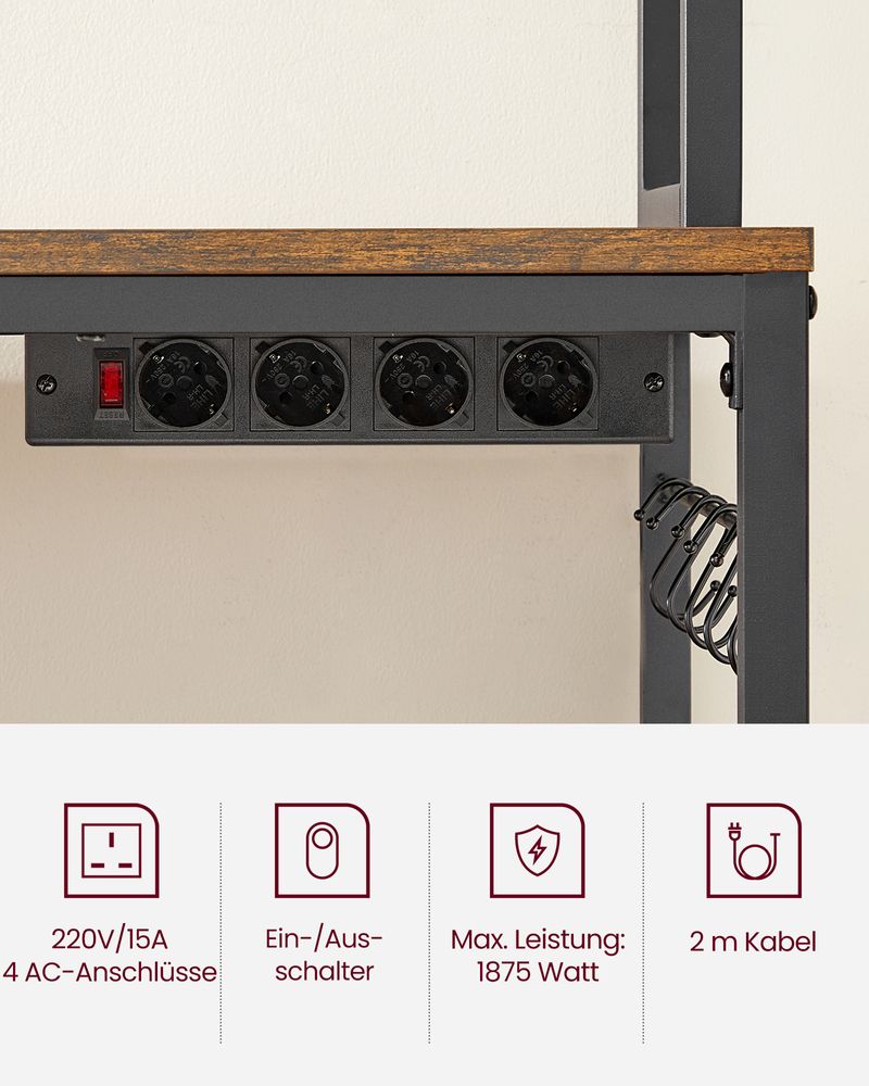 Vintage Keuken Wandplank met Stopcontacten & Rasterpaneel – Bruin-Zwart Industrieel Design|Multifunctionele Keukenplank met Stopcontacten & Metalen Grid