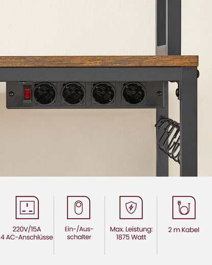 Vintage Keuken Wandplank met Stopcontacten & Rasterpaneel – Bruin-Zwart Industrieel Design|Multifunctionele Keukenplank met Stopcontacten & Metalen Grid