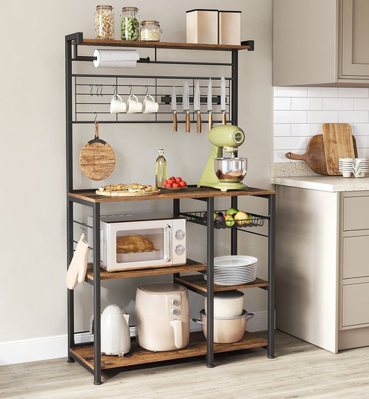 Industrieel Keuken Wandrek met Magnetische Messenhouder en 12 Haken – Vintage Bruin-Zwart