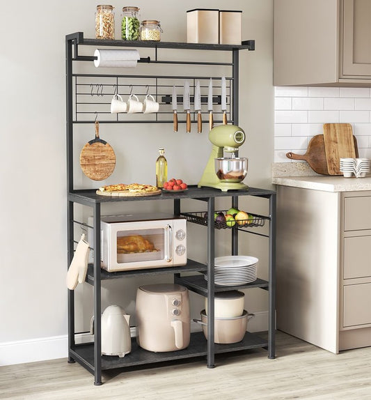 Keuken Wandplank met Magnetische Messenstrip & 12 Haken – Ebbenhout-Zwart Industrieel|Multifunctionele Keukenplank