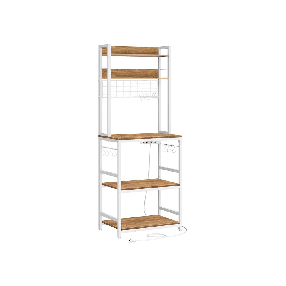 Keuken Opbergrek Vrijstaand met Stopcontact & 14 Haken – Walnootbruin Werkblad, Wit Frame