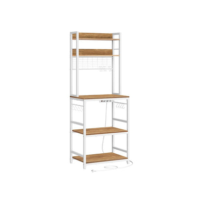 Keuken Opbergrek Vrijstaand met Stopcontact & 14 Haken – Walnootbruin Werkblad, Wit Frame