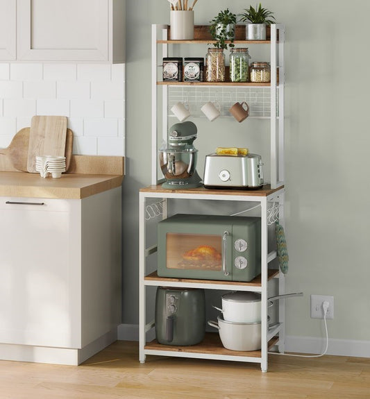 Keuken Opbergrek Vrijstaand met Stopcontact & 14 Haken – Walnootbruin Werkblad, Wit Frame