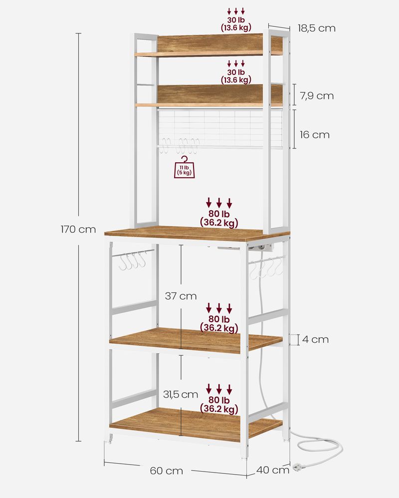 Keuken Opbergrek Vrijstaand met Stopcontact & 14 Haken – Walnootbruin Werkblad, Wit Frame