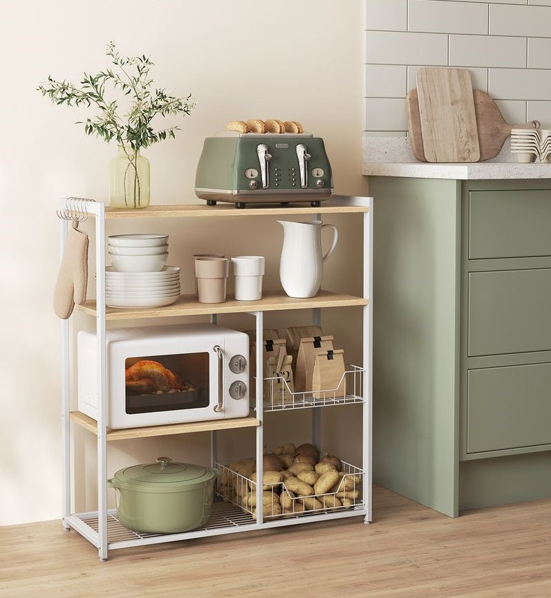 Signature Home Keukenrek met 2 Metalen Mandjes – Opbergrek Licht Walnootbruin & Wit|Keukenkast Organizer