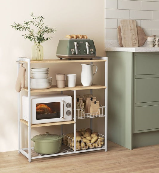 Signature Home Keukenrek met 2 Metalen Mandjes – Opbergrek Licht Walnootbruin & Wit|Keukenkast Organizer