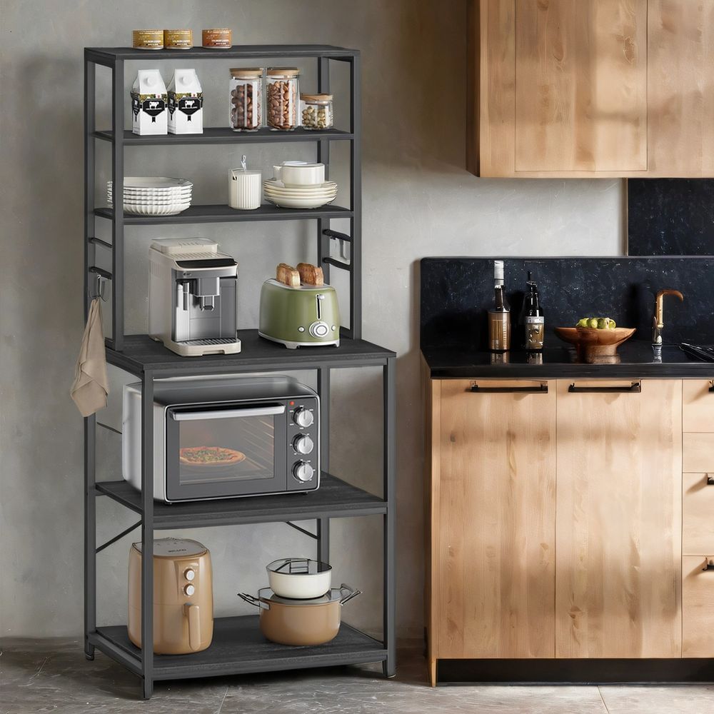 Keukenkast Staand – Magnetronrek met 6 Planken en 6 Haken – Opbergstelling voor Keuken|Multifunctionele Opbergrek