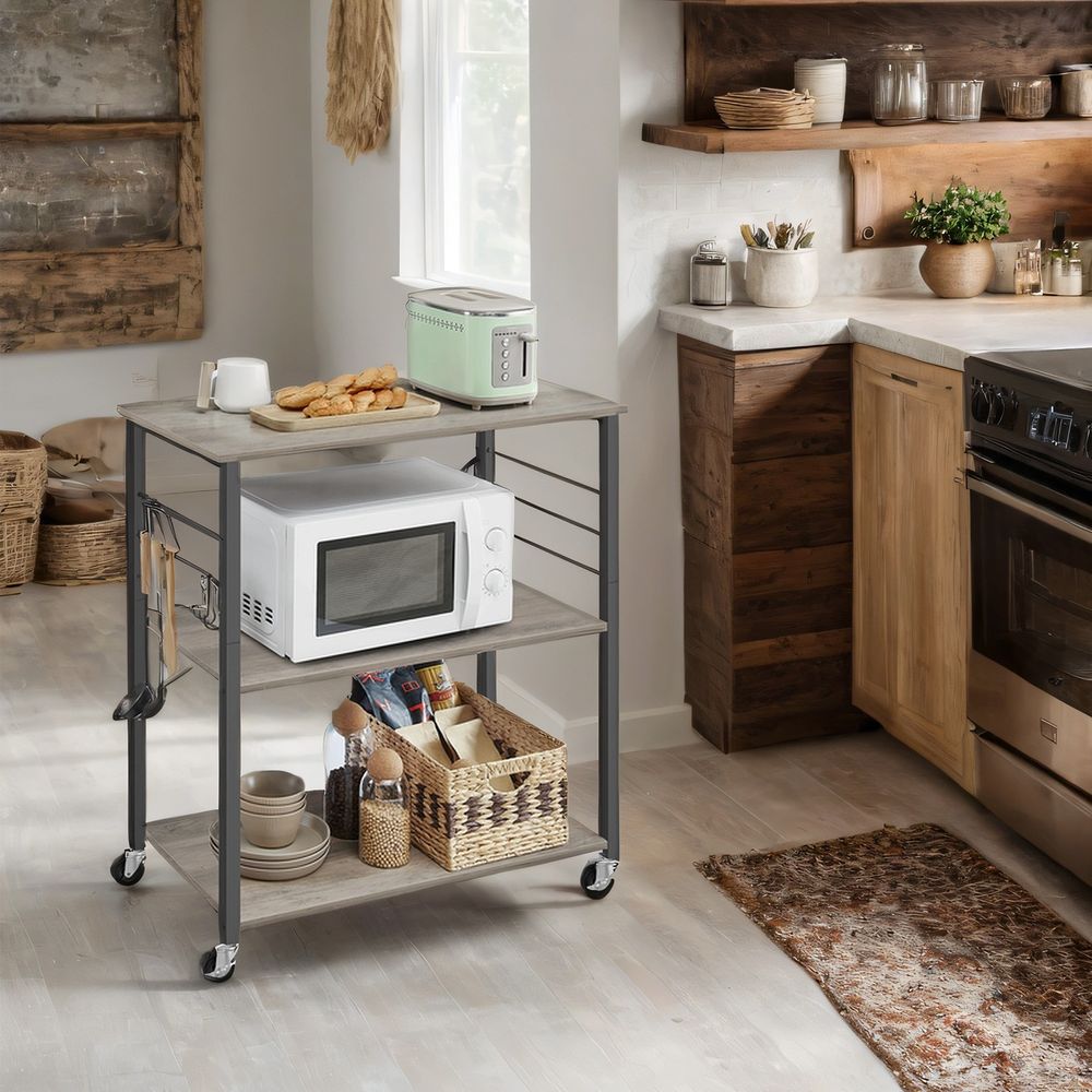 Keukenrek op Wielen met 3 Lagen – Greige Melange/Zwart – Verrijdbare Trolley voor Opslag en Organisatie
