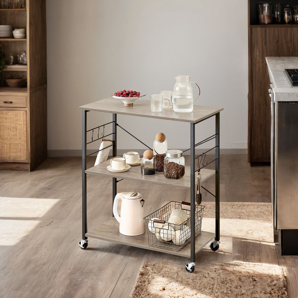 Keukenrek op Wielen met 3 Lagen – Greige Melange/Zwart – Verrijdbare Trolley voor Opslag en Organisatie