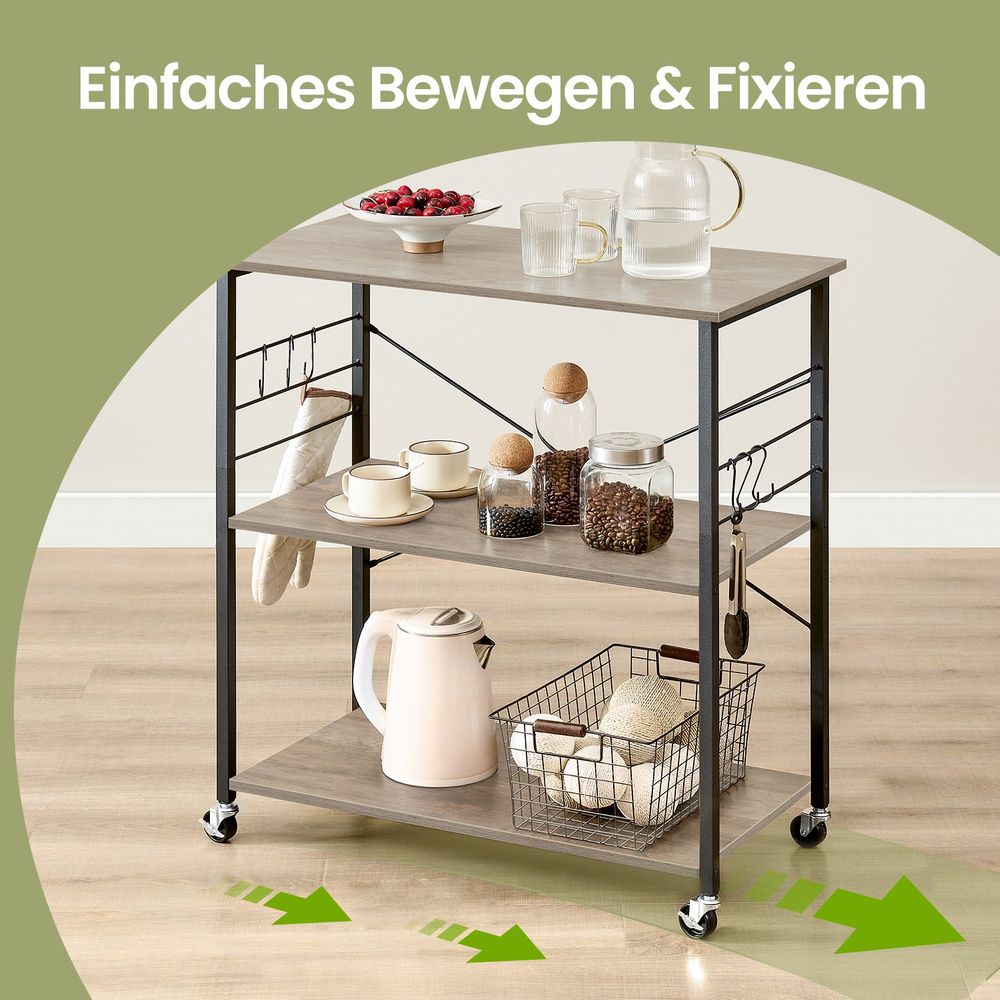 Keukenrek op Wielen met 3 Lagen – Greige Melange/Zwart – Verrijdbare Trolley voor Opslag en Organisatie