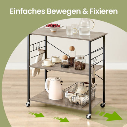 Keukenrek op Wielen met 3 Lagen – Greige Melange/Zwart – Verrijdbare Trolley voor Opslag en Organisatie