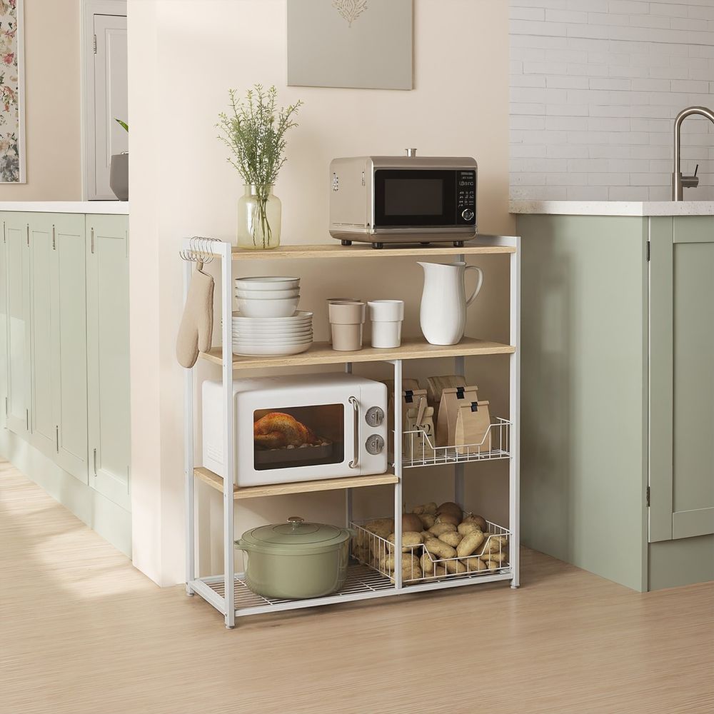 Signature Home Vrijstaand Keukenrek met Haken en Planken – Multifunctioneel Opbergrek voor Keuken, Bakkerij en Aanrecht