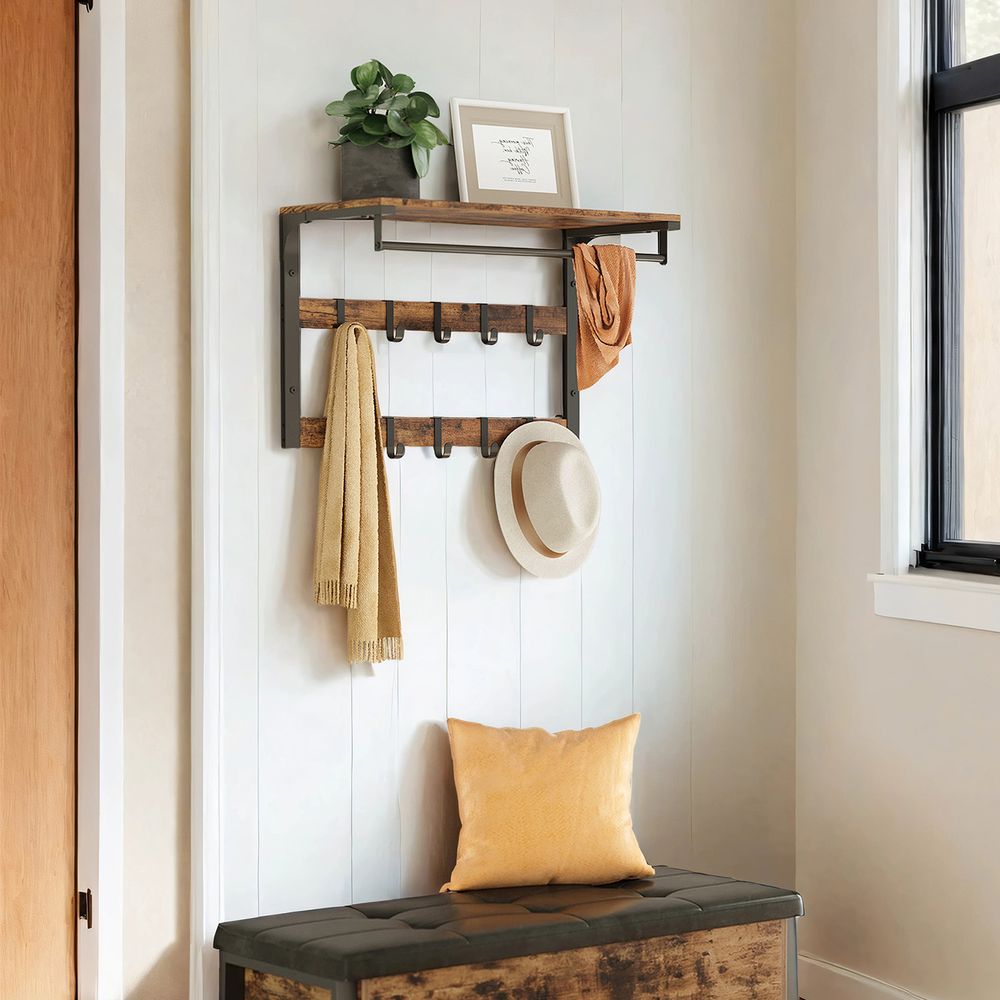 Signature Home Wandkapstok met Plank – Kapstok Wand met 10 Afneembare Haken, Wandplank met Kapstok voor Hal, Gang en Slaapkamer