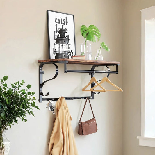 Signature Home Wandkapstok met Plank en 5 Haken – Wandgarderobe met Hangrail en Opbergruimte voor Jassen en Tassen