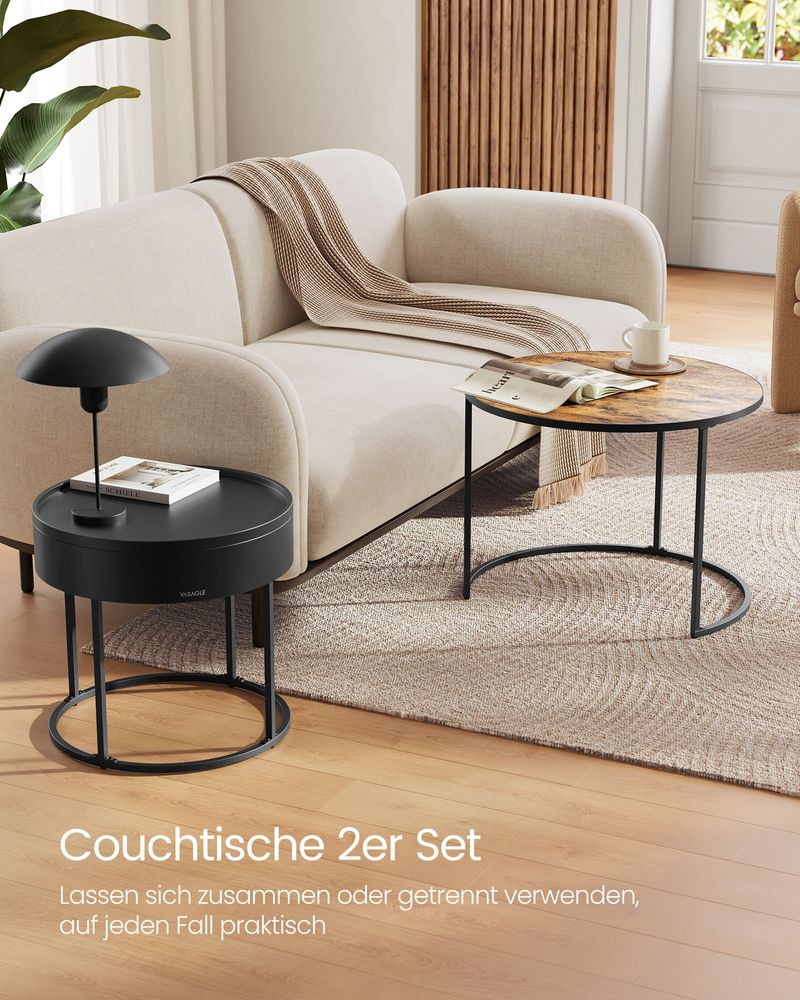 Ronde Salontafel Set van 2 – Vintage Bruin & Inktzwart