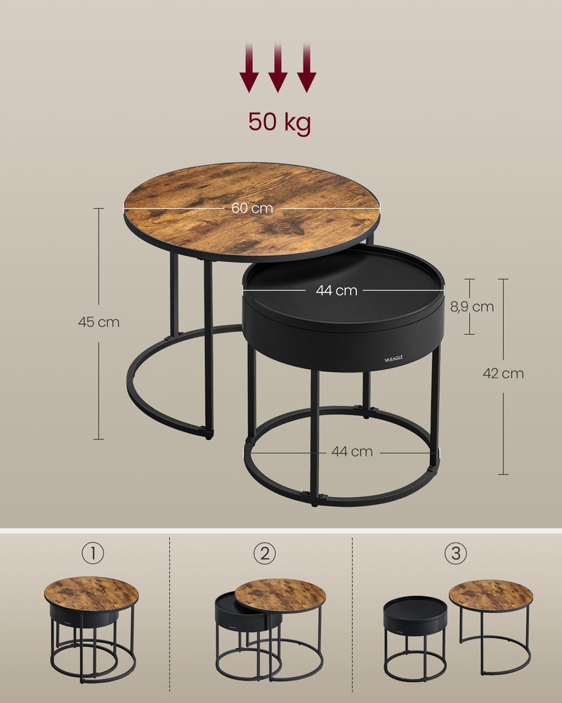 Ronde Salontafel Set van 2 – Vintage Bruin & Inktzwart