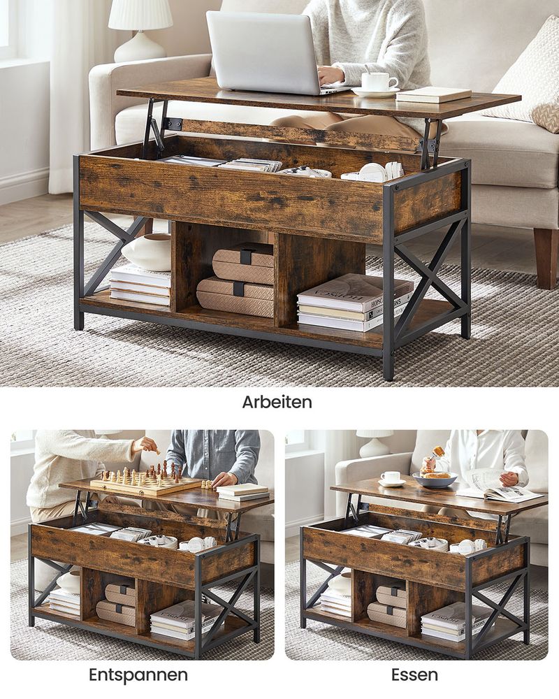 "In Hoogte Verstelbare Salontafel – Met Opbergvakken, Vintage Look"