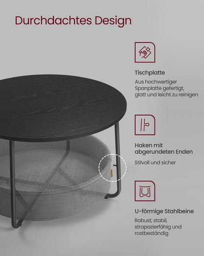 Ronde Salontafel met Stoffen Opbergruimte – Inktzwart/Leigrijs
