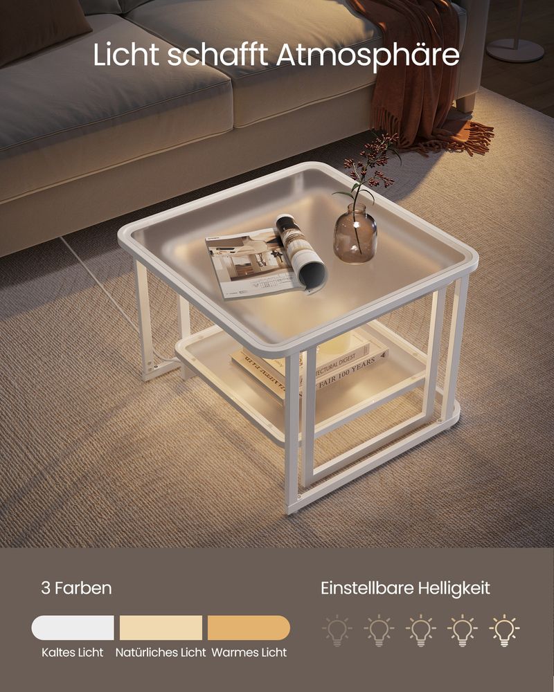 LunaGlow Salontafelset van 2 – Met LED-verlichting in Cloud White & Pearl White