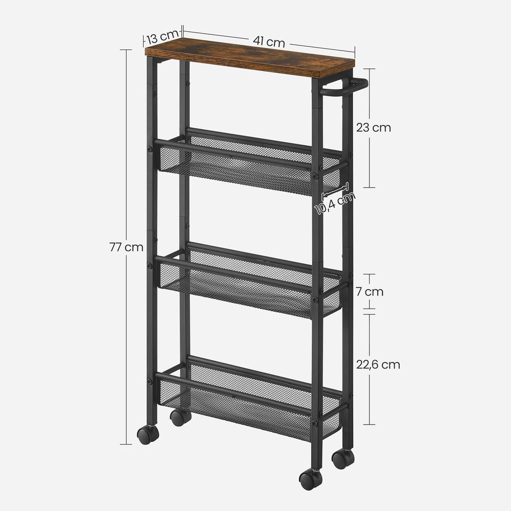 Smalle 4-Lagen Keukentrolley op Wielen | Verrijdbare Opbergwagen voor Keuken|Ruimtebesparende Opbergwagen op Wielen