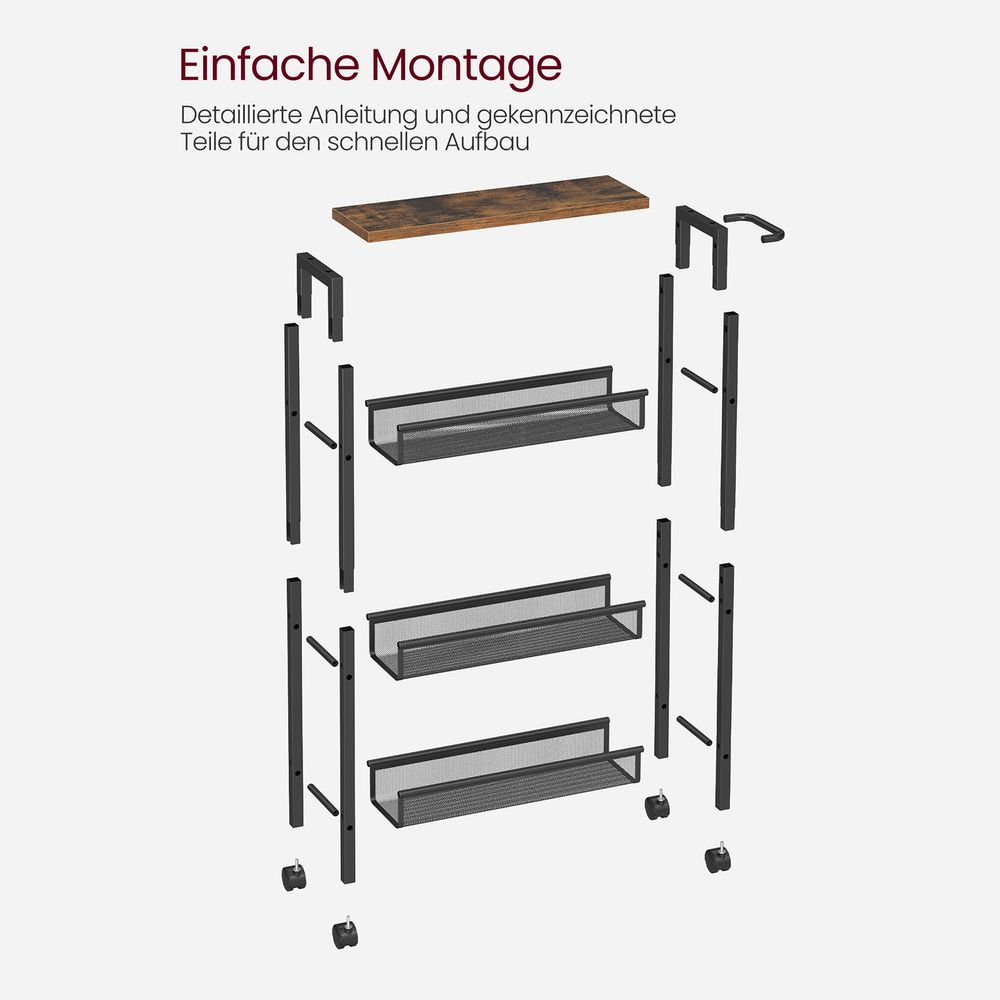 Smalle 4-Lagen Keukentrolley op Wielen | Verrijdbare Opbergwagen voor Keuken|Ruimtebesparende Opbergwagen op Wielen