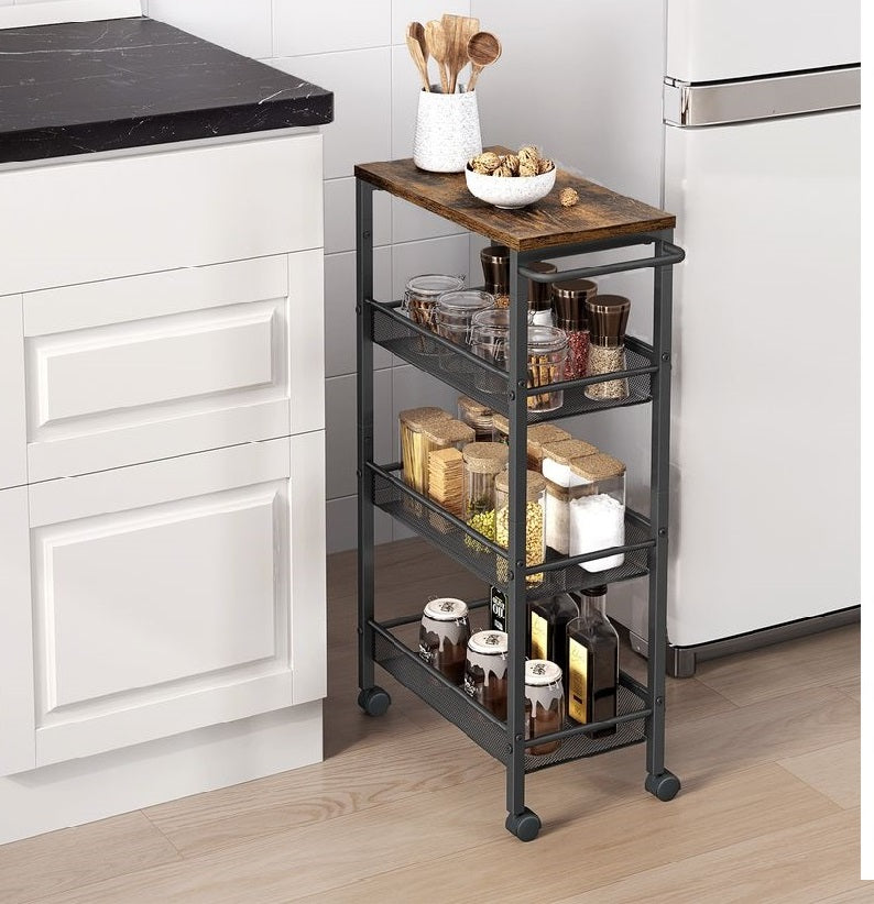 Multifunctioneel Smal Nisrek op Wielen voor Keuken, Badkamer & Woonkamer | Verrijdbaar Opbergrek met Meerdere Planken voor Kruiden