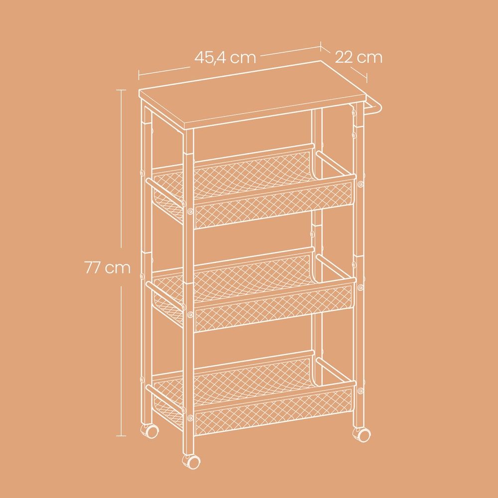 Verrijdbare 4-Laags Keukenkar | Smal Nisrek voor Organisatie & Opbergen|Compact 4-Laags Opbergrek