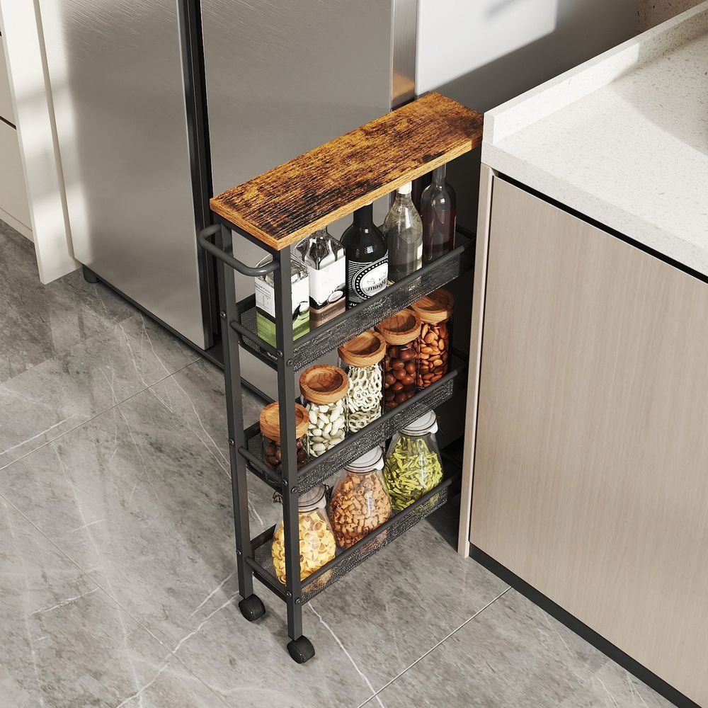 Compact 4-Laags Nisrek op Wielen | Smalle Keuken Trolley voor Opbergen & Organiseren|Multifunctionele Verrijdbare Opbergwagen