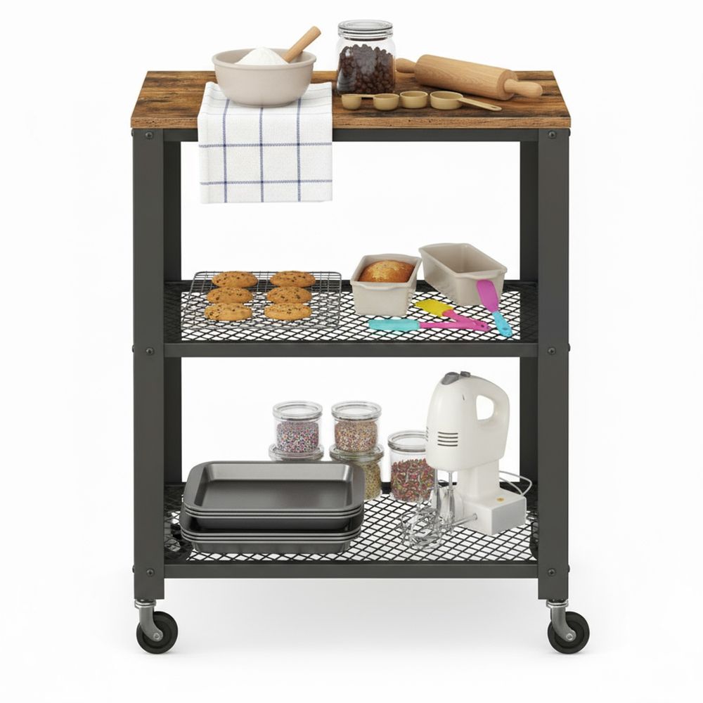 3-Laags Serveerwagen op Wielen – Multifunctionele Roltafel met Opbergrek – Keuken Trolley voor Opslag, Etagère, Barcart en Organisatie